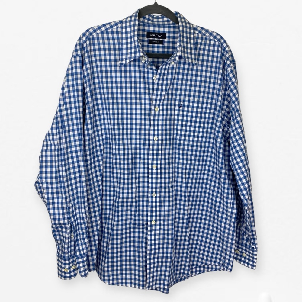 Nautica men’s Blue and White Gingham Casual dress button down classic fit Shirt